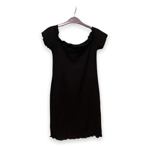 New Casual Black Lettuce Trim Ribbed Off-the-Shoulder Bodycon Mini Pencil Dress - Picture 11 of 15
